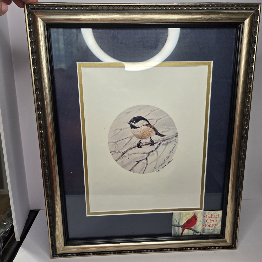 vtg artist signed lithograph michigan artist michael glenn monros chickadee bird